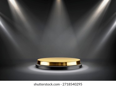 Anuncio de Vector realista en 3D. Podio de escenario dorado con focos alrededor sobre un fondo oscuro. Premio Anuncio de nominación de oro.