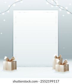 Anuncio de Vector realista en 3D. Invitación de invierno y fondo de vacaciones con cajas de regalo y luces de Navidad.