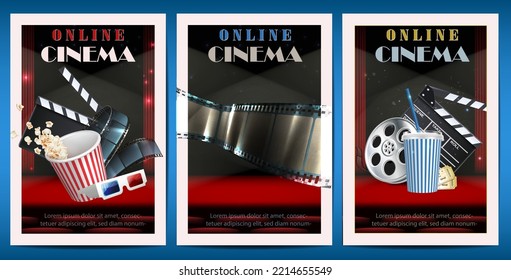 3d realistic vector banners. Movie cinema posters with popcorn, clipboard , tape and movie roll.