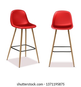 3d realistic vector bar or restaurant stool in front and side view. Isolated on white background. Red plastic and wood.