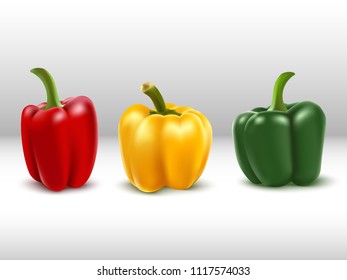 3d realistic vector bell peppers, red, yellow and green.