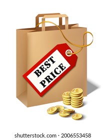 3d vector vector realista mejor precio icono con bolsa de papel de dibujos animados, etiqueta de precio y monedas de oro.