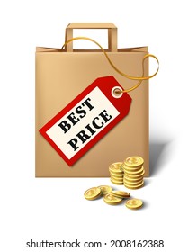 3d realistic vector best price icon with cartoon paper bag, price tag and golden coins.