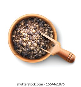 3d realistic vector black pepper in a wooden bowl with a wooden spoon. Isolated on white background.