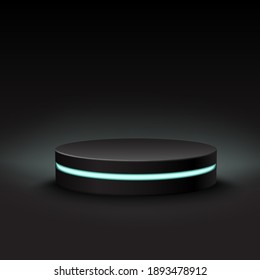 3d realistic vector black round  mock up stage with neon light on dark background. 