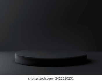 3D realistic vector black round mockup. Black podium, real view with round shadow pedestal on abstract dark background