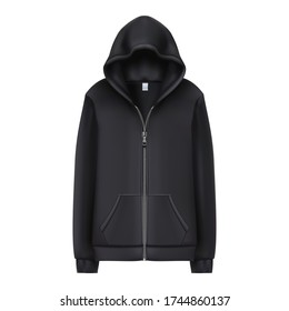 3d realistic vector black sport hoodie. Vector illustration on white background.