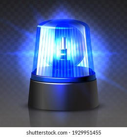 3d realistic vector blue police car top light glowing in the dark on black background.