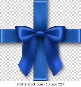 3d realistic vector blue velvet bow on transparent background, template for you gift card, invitation or packaging.