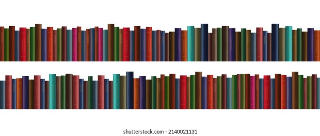 3d realistic vector books row in different colors. Isolated on white background.