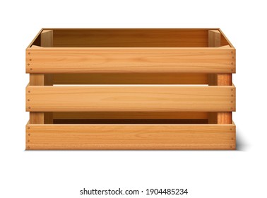 3d realistic vector cargo storage wooden box front view. Isolated on white background.