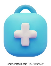 3d realistic vector cartoon icon of first aid kit. Rendering illustration of cute medical help suitcase in blue color isolated on the white background.