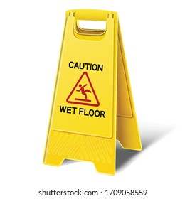 3d realistic vector caution wet floor yellow plastic floor sign. Isolated icon illustration on white background. - Shutterstock ID 1709058559