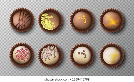 3d realistic vector chocolate candies collection in dark and white with different toppings. Top view, isolated icon illustration.