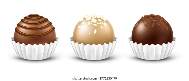 3d realistic vector chocolate candies with different toppings, isolated on white background. Dark, milk and white chocolate sweets, praline or truffle with white corrugated paper wrapper.