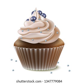 3d realistic vector chocolate cupcake with icing and berries for your restaurant or cafe menu. 