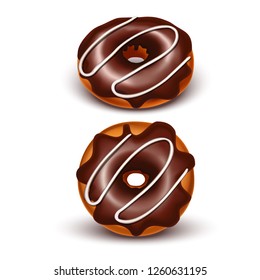 3D realistic vector chocolate glazed doughnut with white chocolate on top in side and top view for cafe, restaurants and menu design.