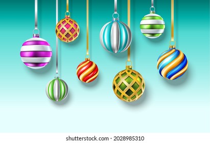3d realistic vector Christmas balls hanging background.