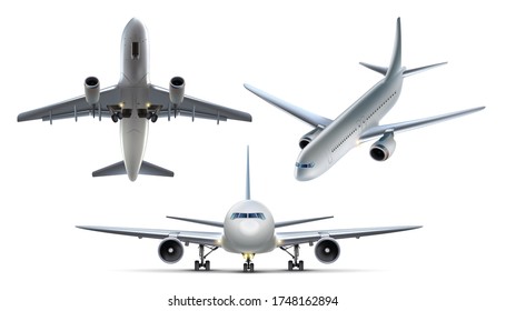 3d realistic vector collection of air plains. Isolated on white background, top view, side view and front view.