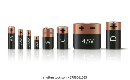 3d realistic vector collection of batteries. Isolated on white background.