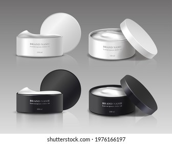3d realistic vector collection of beauty cream jars with open lids in white and black color.