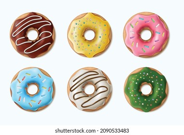 3d realistic vector collection of colorful doughnuts, glazed in chocolate.