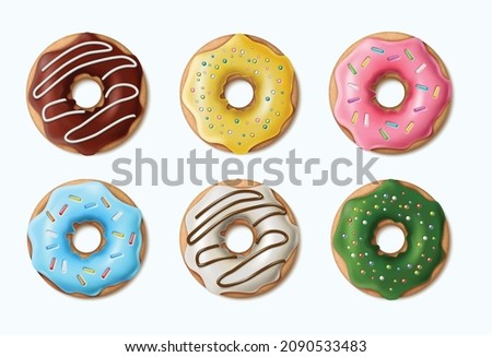 3d realistic vector collection of colorful doughnuts, glazed in chocolate.
