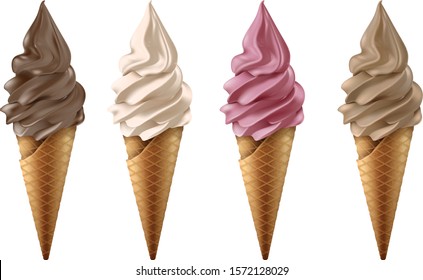3d realistic vector collection of frozen yogurt or ice cream in chocolate, vanilla, strawberry and coffee flavor. Isolated on white background.