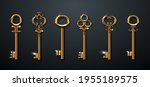 3d realistic vector collection of golden old vintage keys.