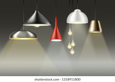 3d realistic vector collection of hanging chandeliers, lamps and light bulbs. In bronze, silver. metallic, red, white and black color.