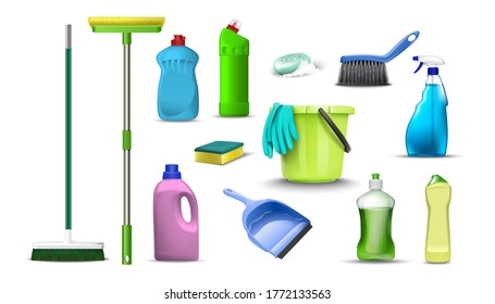 3d realistic vector collection of household cleaning products. Isolated on white background.