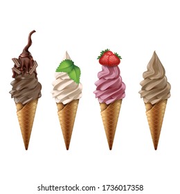 3d realistic vector collection of ice cream in cone. Isolated on white background.