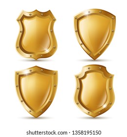 3d realistic vector collection icon set of golden metal shields with nails. Police or sheriff badge.