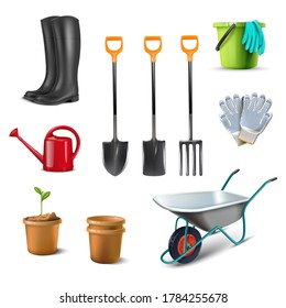 3d realistic vector collection of icon illustrations of garden utensils, wheelbarrow, rubber boots, pot, worker gloves, pots.