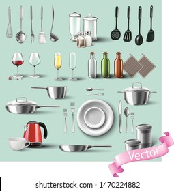 3D realistic vector collection of kitchen utensils: cutlery, set of pots with a cover, red electric teapot with white cup, empty glasses of red and white vine, set of transparent bottles etc.