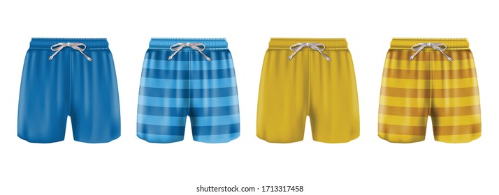 3d realistic vector collection of man boxers swimsuit in stripes or blue and orange. Isolated on white background.