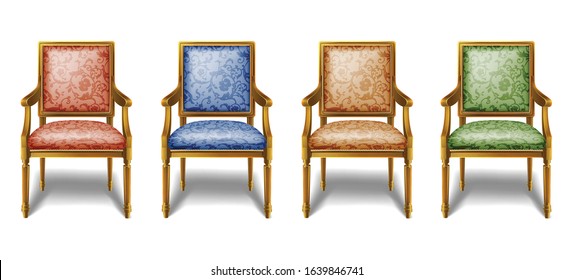 3d realistic vector collection of old vintage baroque chairs in red, blue, brown and green color. Isolated icon illustration on white background.