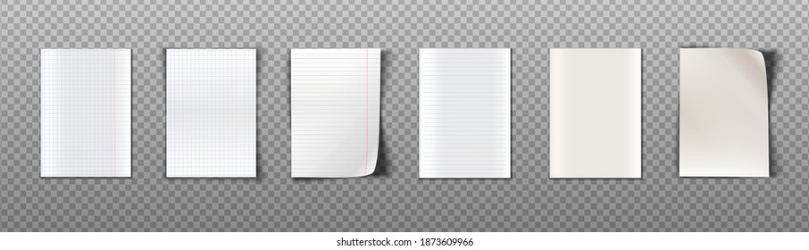 3d realistic vector collection of paper sheets with different texture for notes. Isolated on transparent background.