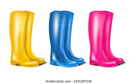 3d realistic vector collection of rubber colorful boots.