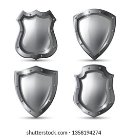 3d realistic vector collection of silver metal shields with nails.