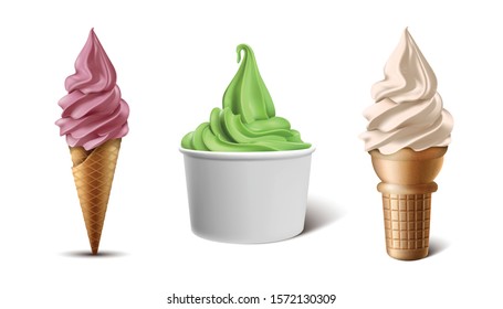 3d realistic vector collection of soft serve frozen yogurt or ice cream in waffle cone, cup or paper bowl in berry, matcha or vanilla flavor.