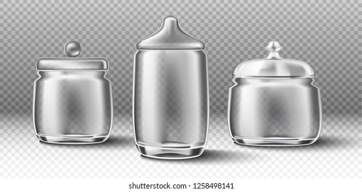 3d realistic vector collection  transparent glass bottles, containers  isolated on transparent background.