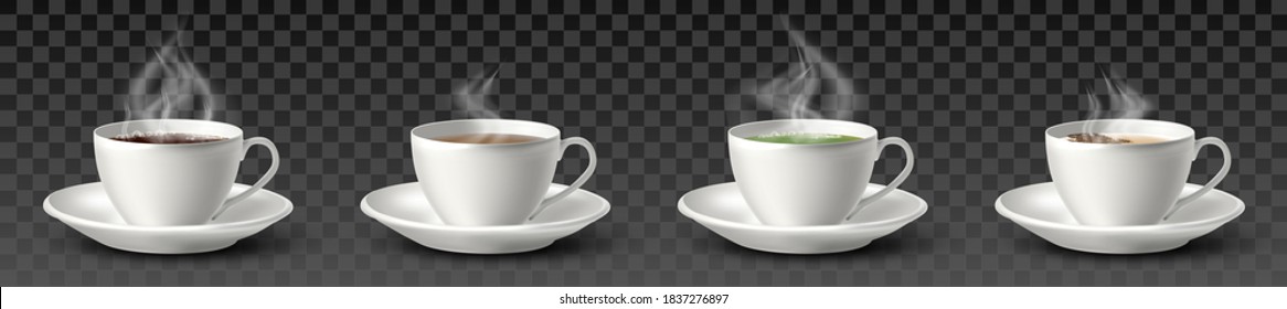 3d realistic vector collection of white cups with coffee, black tea, green tea and cappuccino. Isolated on transparent background.