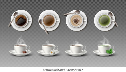 3d realistic vector collection of white coffee cups with spoons in side and top view- cappuccino, americano, black tea and green tea.