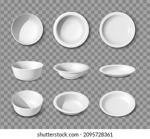 3d realistic vector collection. White porcelain set of dishes, plates and bowls in side, front and top view.