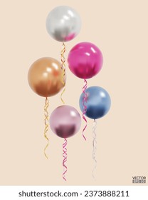 3D realistic vector colorful balloons with ribbons isolated on beige background. Helium balloons clipart for anniversary, birthday, wedding, party. 3D vector illustration.