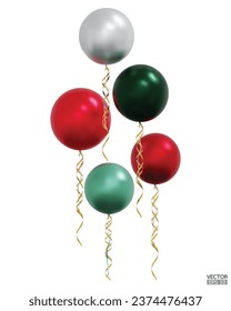 Globos 3D realistas vectoriales coloridos con cintas aisladas en fondo blanco. Globos de helio escalan para aniversario, cumpleaños, boda, fiesta, Navidad. Ilustración vectorial 3D.