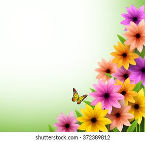 3D Realistic Vector of Colorful Flowers Background for Spring Season with Space for Message. Vector Illustration
