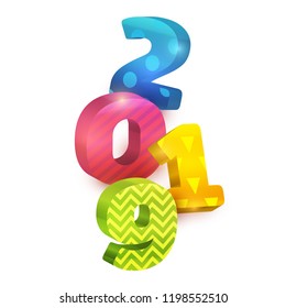 3d realistic vector colorful number 2019 on white background. Happy new year design concept. Minimalistic trendy illustration for branding banner, cover, poster, card.