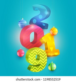 3d realistic vector colorful number 2019 with christmas ball on blue background. Happy new year design concept. Minimalistic trendy illustration for branding banner, cover, poster, card.